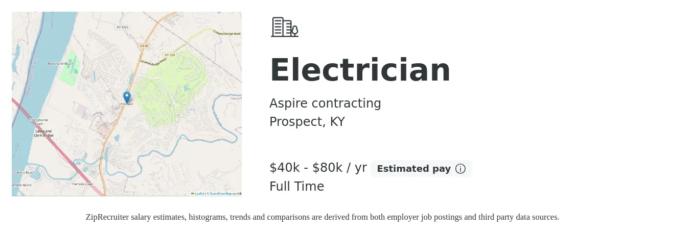 Aspire contracting job posting for a Electrician in Prospect, KY with a salary of $40,000 to $80,000 Yearly with a map of Prospect location.