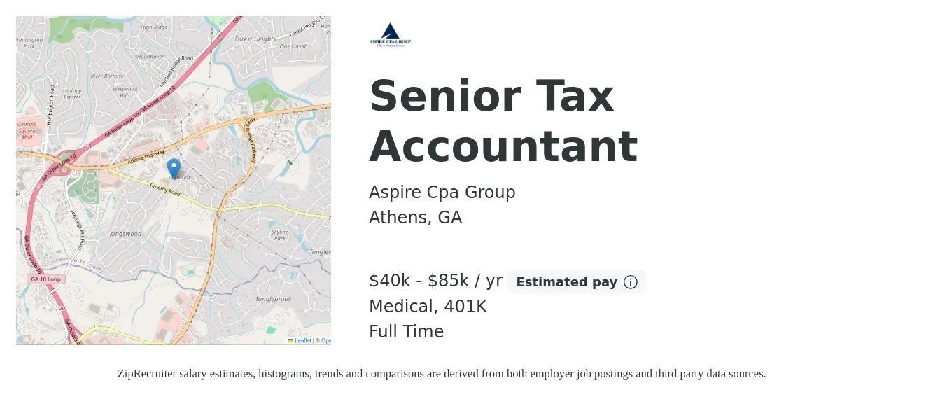 Aspire Cpa Group job posting for a Senior Tax Accountant in Athens, GA with a salary of $40,000 to $85,000 Yearly (plus commission) and benefits including 401k, and medical with a map of Athens location.