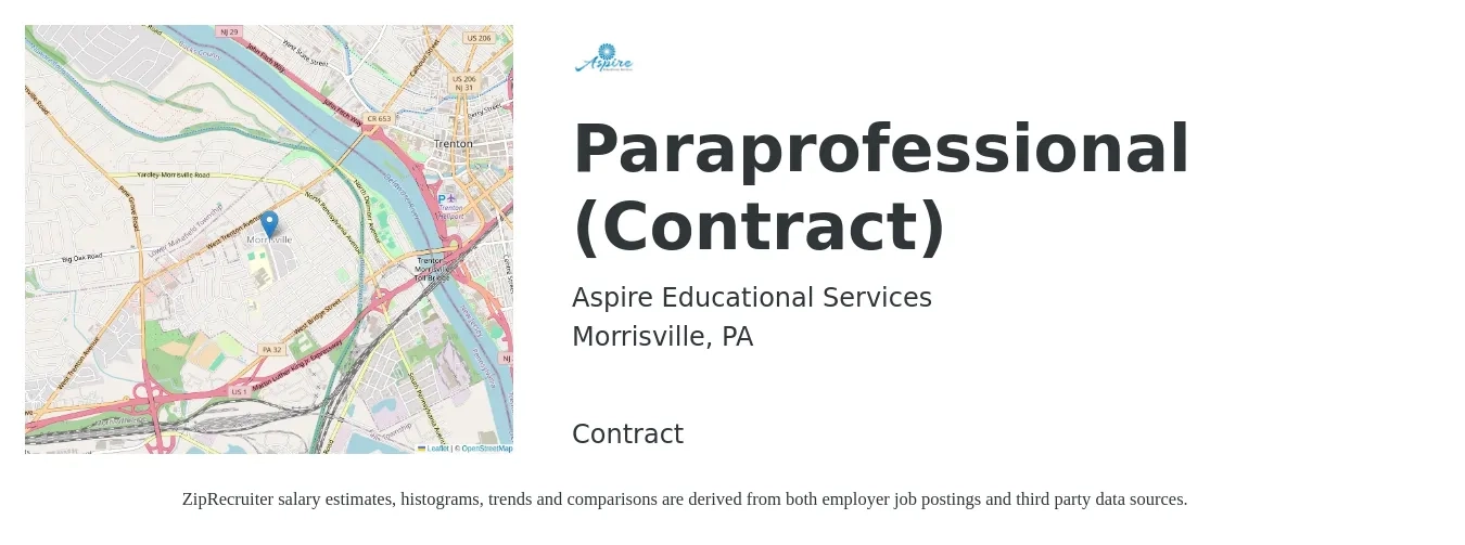 Aspire Educational Services job posting for a Paraprofessional (Contract) in Morrisville, PA with a salary of $15 to $20 Hourly with a map of Morrisville location.