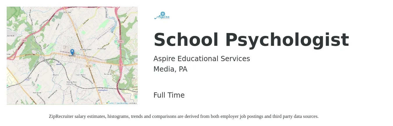 Aspire Educational Services job posting for a School Psychologist in Media, PA with a salary of $66,200 to $116,400 Yearly with a map of Media location.