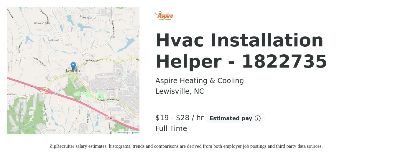 Aspire Heating & Cooling job posting for a Hvac Installation Helper - 1822735 in Lewisville, NC with a salary of $20 to $30 Hourly with a map of Lewisville location.