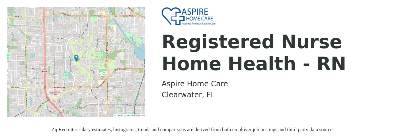 Aspire Home Care job posting for a Registered Nurse Home Health - RN in Clearwater, FL with a salary of $1,470 to $2,190 Weekly with a map of Clearwater location.