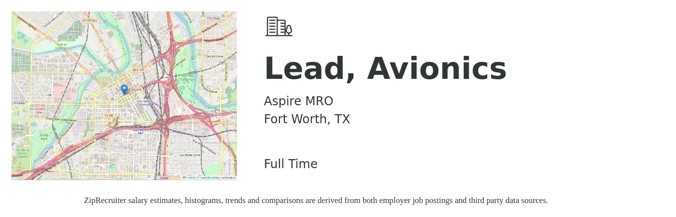 Aspire MRO job posting for a Lead, Avionics in Fort Worth, TX with a salary of $37 to $39 Hourly with a map of Fort Worth location.