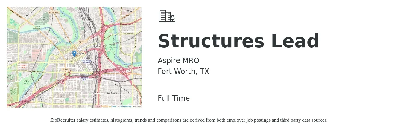Aspire MRO job posting for a Structures Lead in Fort Worth, TX with a salary of $104,300 to $184,300 Yearly with a map of Fort Worth location.