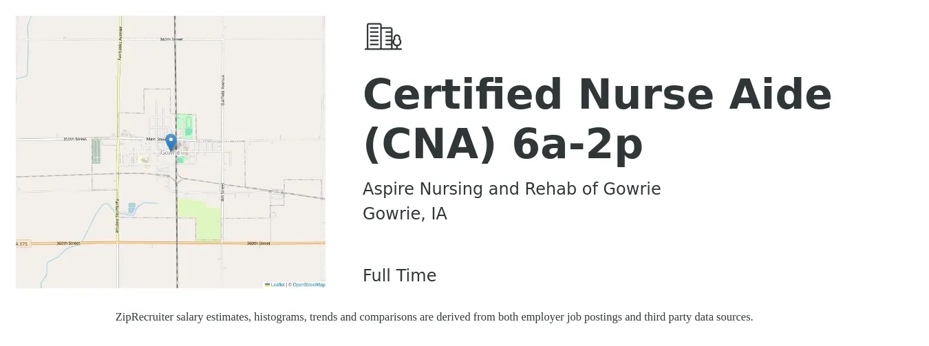 Aspire Nursing and Rehab of Gowrie job posting for a Certified Nurse Aide (CNA) 6a-2p in Gowrie, IA with a salary of $16 to $22 Hourly with a map of Gowrie location.