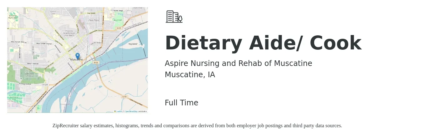Aspire Nursing and Rehab of Muscatine job posting for a Dietary Aide/ Cook in Muscatine, IA with a salary of $14 to $16 Hourly with a map of Muscatine location.