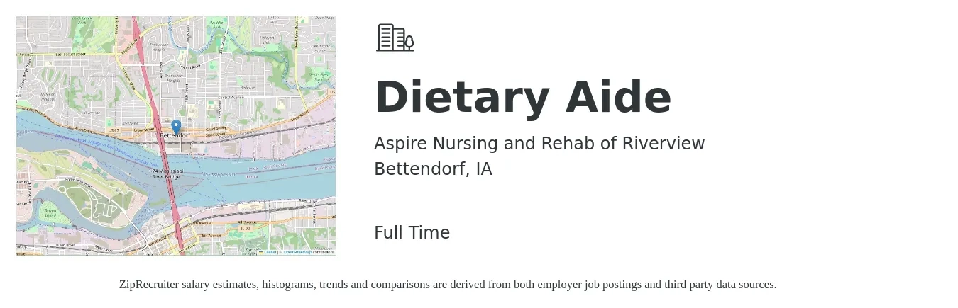 Aspire Nursing and Rehab of Riverview job posting for a Dietary Aide in Bettendorf, IA with a salary of $12 to $15 Hourly with a map of Bettendorf location.