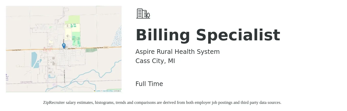 Aspire Rural Health System job posting for a Billing Specialist in Cass City, MI with a salary of $17 to $23 Hourly with a map of Cass City location.