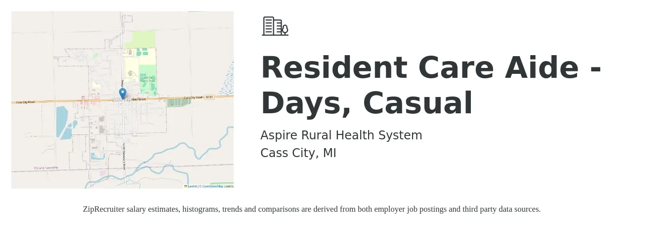 Aspire Rural Health System job posting for a Resident Care Aide - Days, Casual in Cass City, MI with a salary of $13 to $18 Hourly with a map of Cass City location.