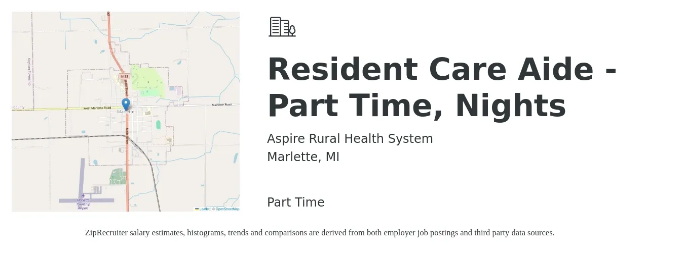 Aspire Rural Health System job posting for a Resident Care Aide - Part Time, Nights in Marlette, MI with a salary of $12 to $17 Hourly with a map of Marlette location.