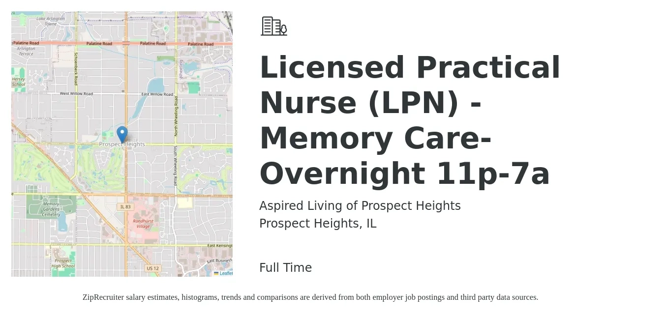 Aspired Living of Prospect Heights job posting for a Licensed Practical Nurse (LPN) - Memory Care- Overnight 11p-7a in Prospect Heights, IL with a salary of $26 to $35 Hourly with a map of Prospect Heights location.