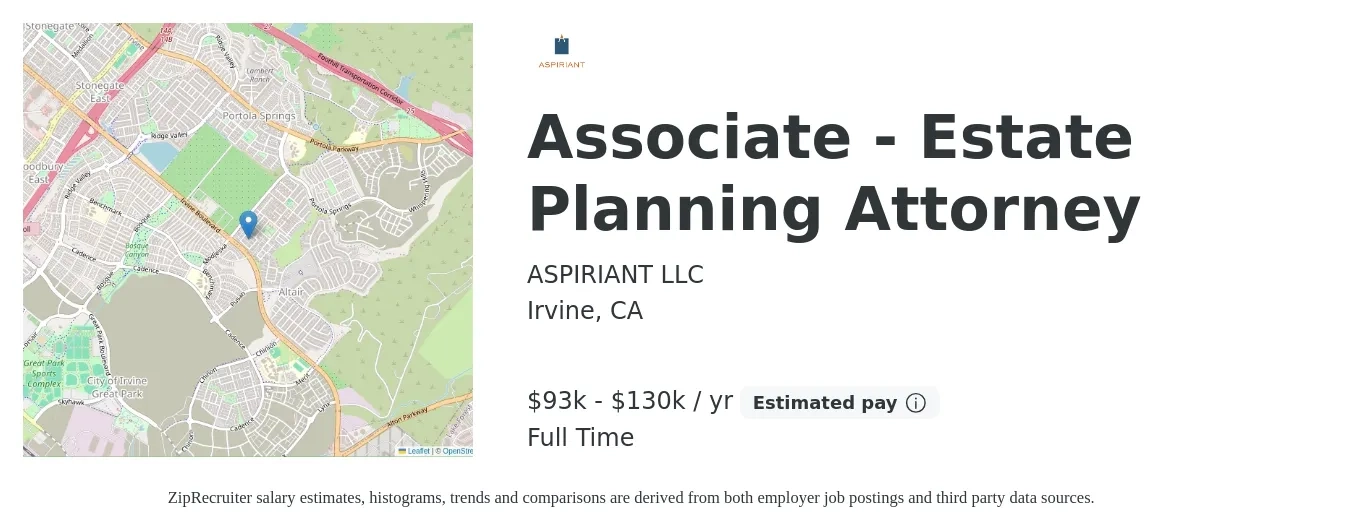 ASPIRIANT LLC job posting for a Associate - Estate Planning Attorney in Irvine, CA with a salary of $93,000 to $130,000 Yearly with a map of Irvine location.