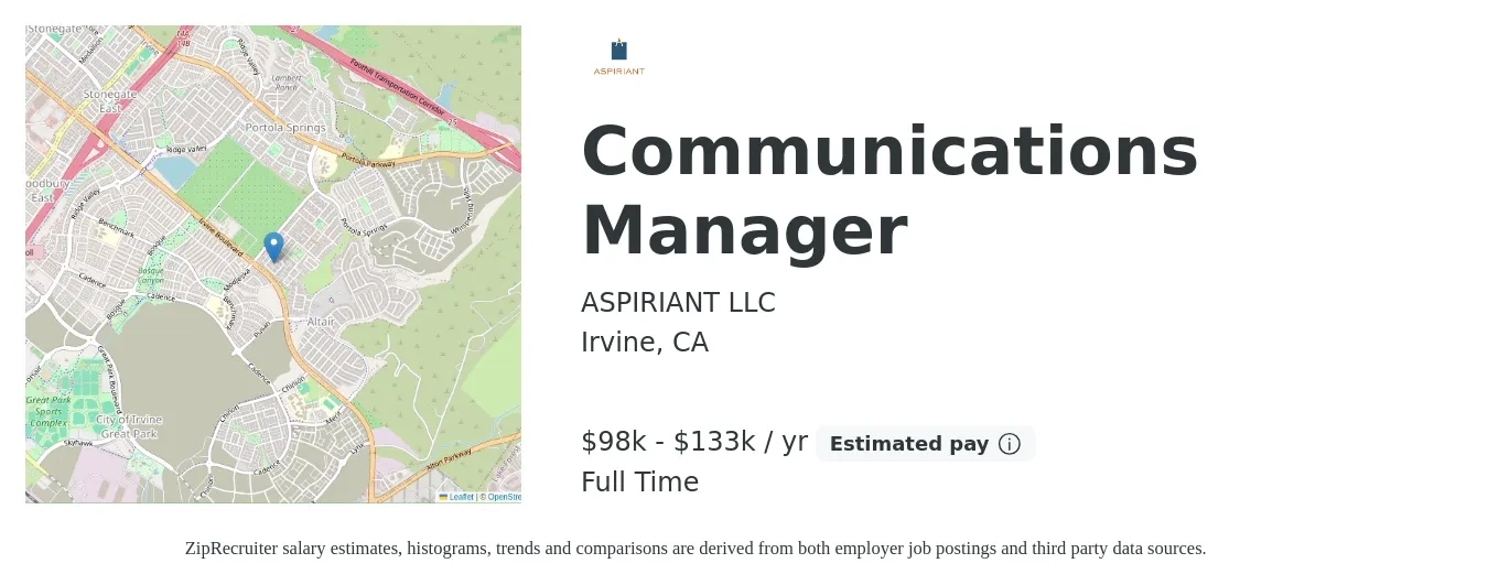 ASPIRIANT LLC job posting for a Communications Manager in Irvine, CA with a salary of $98,000 to $133,000 Yearly with a map of Irvine location.