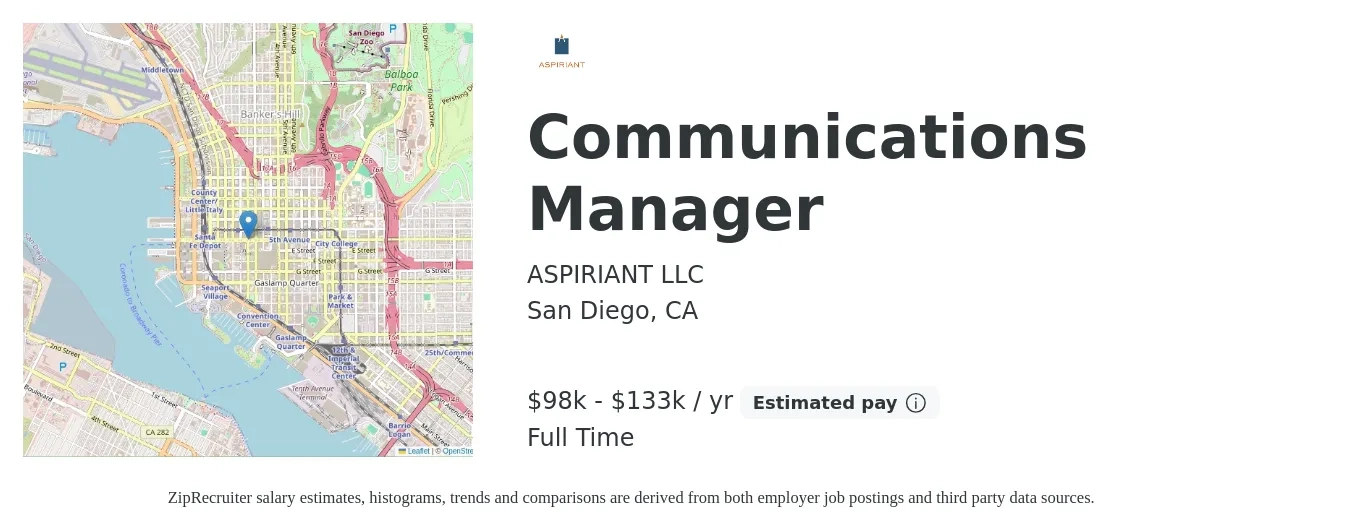 ASPIRIANT LLC job posting for a Communications Manager in San Diego, CA with a salary of $98,000 to $133,000 Yearly with a map of San Diego location.