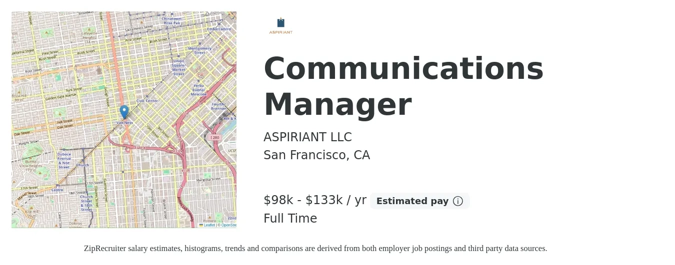 ASPIRIANT LLC job posting for a Communications Manager in San Francisco, CA with a salary of $98,000 to $133,000 Yearly with a map of San Francisco location.