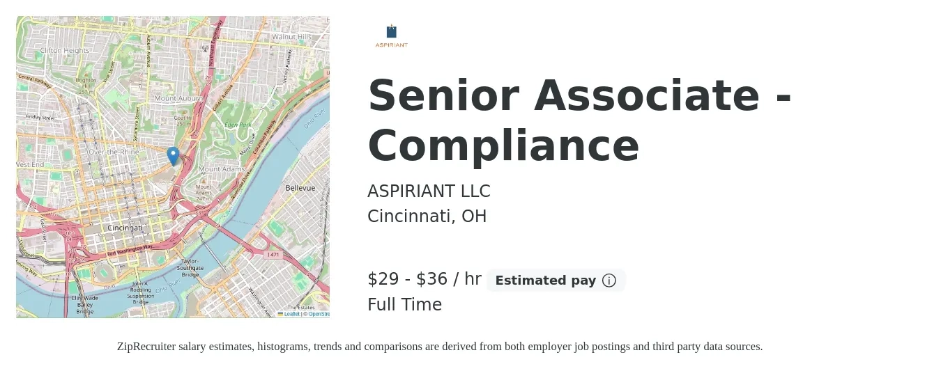 ASPIRIANT LLC job posting for a Senior Associate - Compliance in Cincinnati, OH with a salary of $31 to $38 Hourly with a map of Cincinnati location.