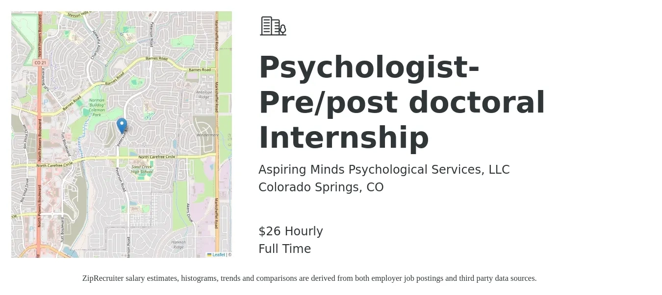 Aspiring Minds Psychological Services, LLC job posting for a Psychologist- Pre/post doctoral Internship in Colorado Springs, CO with a salary of $28 Hourly with a map of Colorado Springs location.