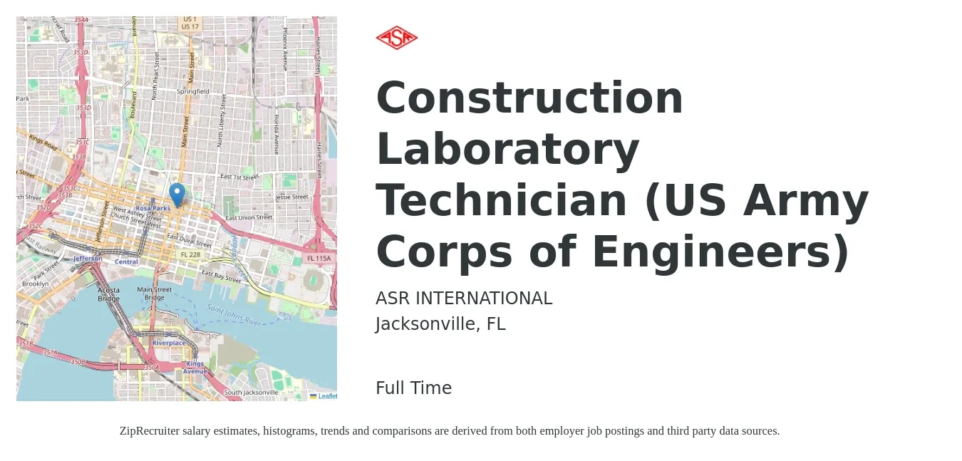 ASR INTERNATIONAL job posting for a Construction Laboratory Technician (US Army Corps of Engineers) in Jacksonville, FL with a salary of $18 to $24 Hourly with a map of Jacksonville location.