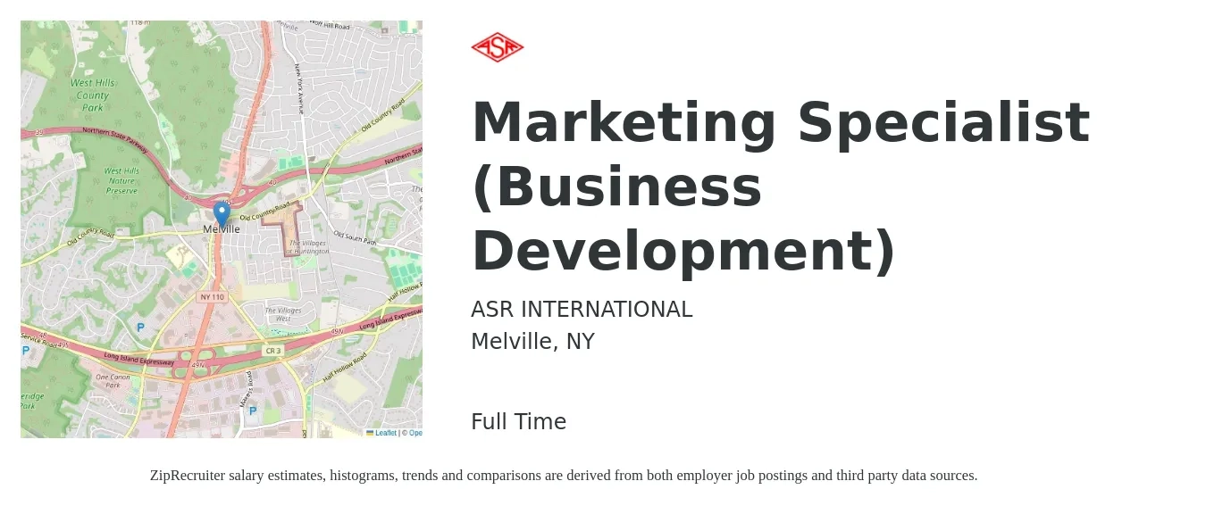 ASR INTERNATIONAL job posting for a Marketing Specialist (Business Development) in Melville, NY with a salary of $50,300 to $84,200 Yearly with a map of Melville location.
