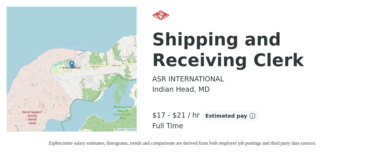 ASR INTERNATIONAL job posting for a Shipping and Receiving Clerk in Indian Head, MD with a salary of $18 to $23 Hourly with a map of Indian Head location.