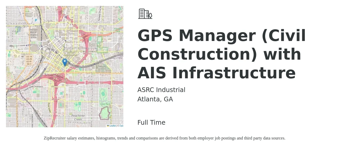 ASRC Industrial job posting for a GPS Manager (Civil Construction) with AIS Infrastructure in Atlanta, GA with a salary of $108,700 to $189,500 Yearly with a map of Atlanta location.