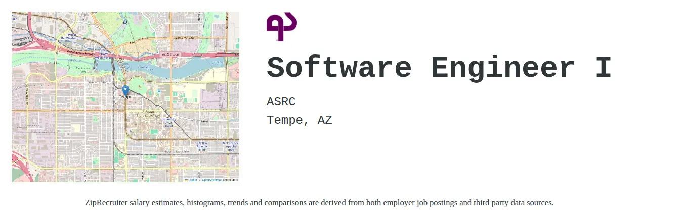 ASRC job posting for a Software Engineer I in Tempe, AZ with a salary of $114,900 to $165,700 Annually and benefits including Medical, Vision, Dental, Life, and Retirement with a map of Tempe location.
