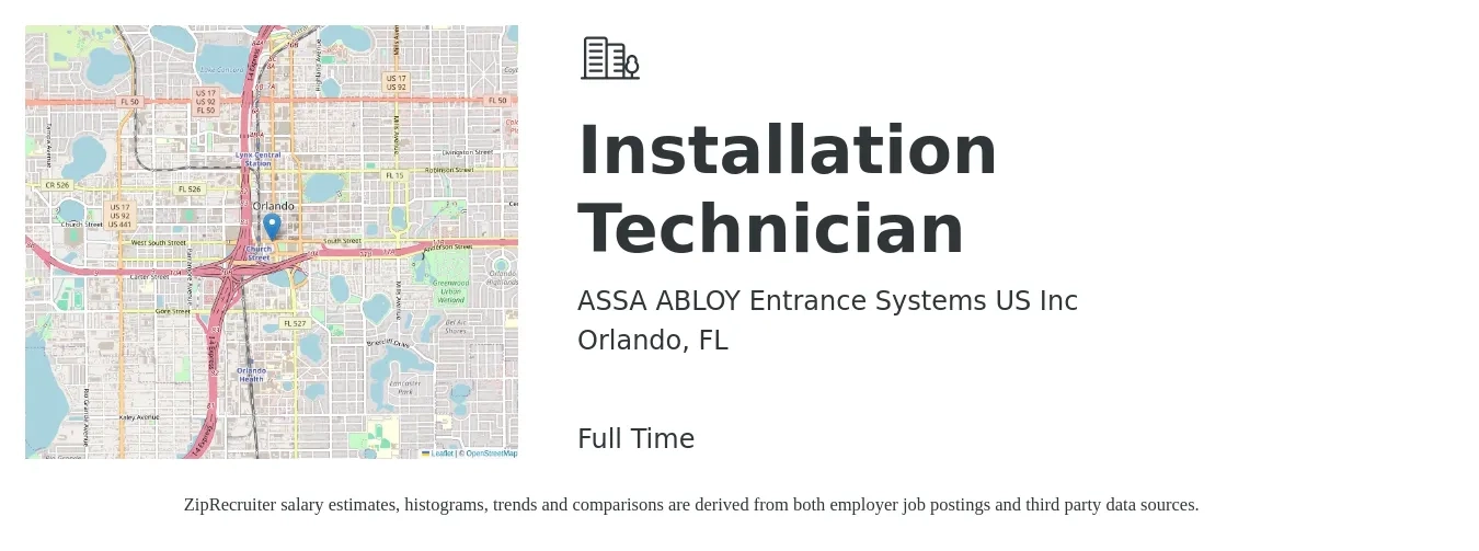 ASSA ABLOY Entrance Systems US Inc job posting for a Installation Technician in Orlando, FL with a salary of $19 to $26 Hourly with a map of Orlando location.
