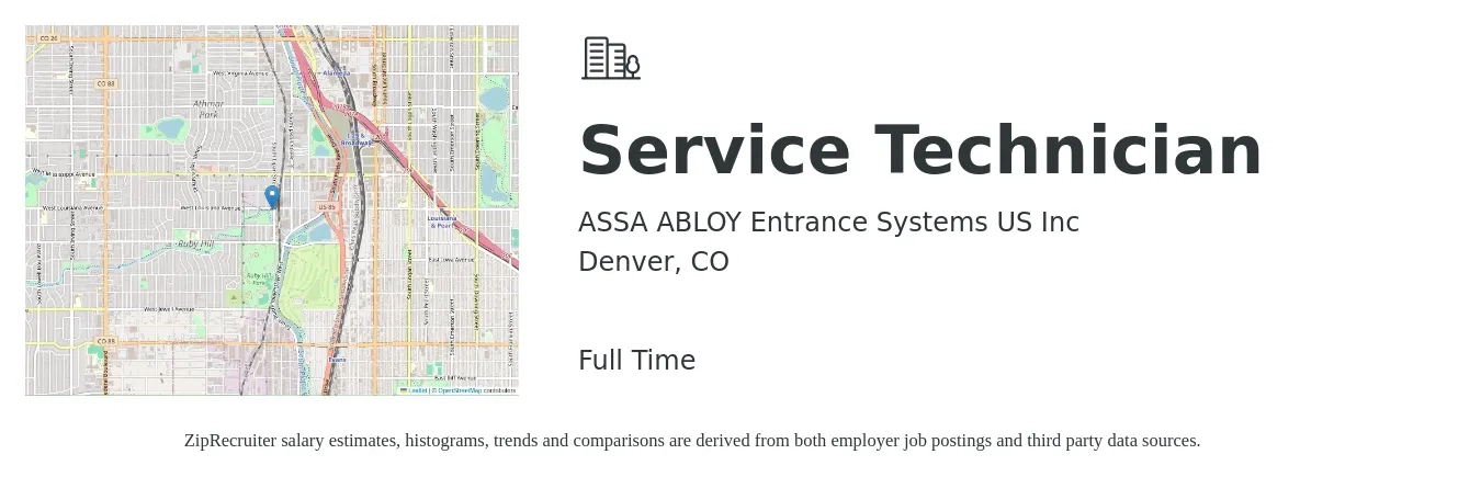 ASSA ABLOY Entrance Systems US Inc job posting for a Service Technician in Denver, CO with a salary of $20 to $28 Hourly with a map of Denver location.