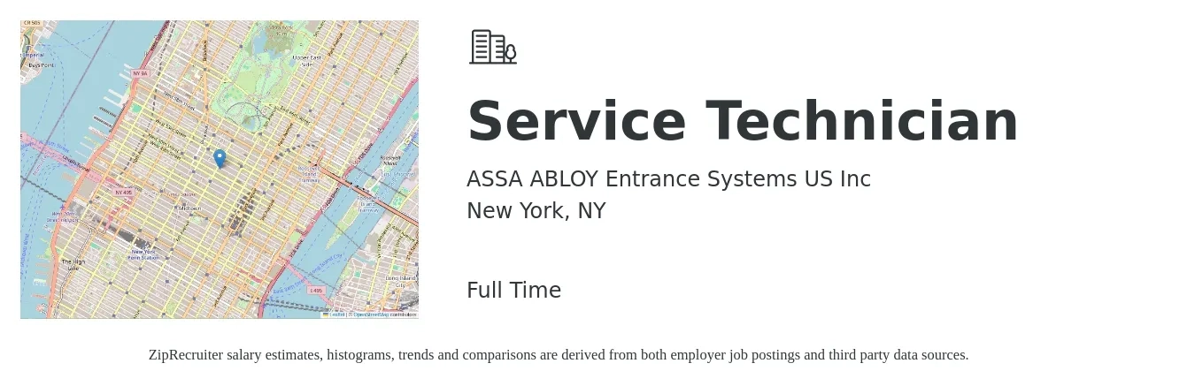 ASSA ABLOY Entrance Systems US Inc job posting for a Service Technician in New York, NY with a salary of $22 to $30 Hourly with a map of New York location.