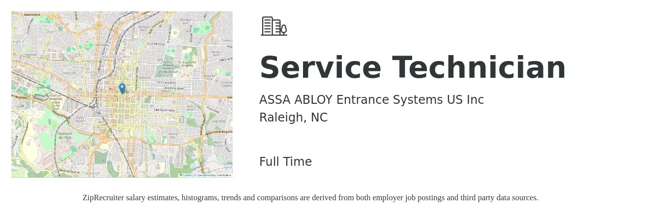 ASSA ABLOY Entrance Systems US Inc job posting for a Service Technician in Raleigh, NC with a salary of $20 to $27 Hourly with a map of Raleigh location.