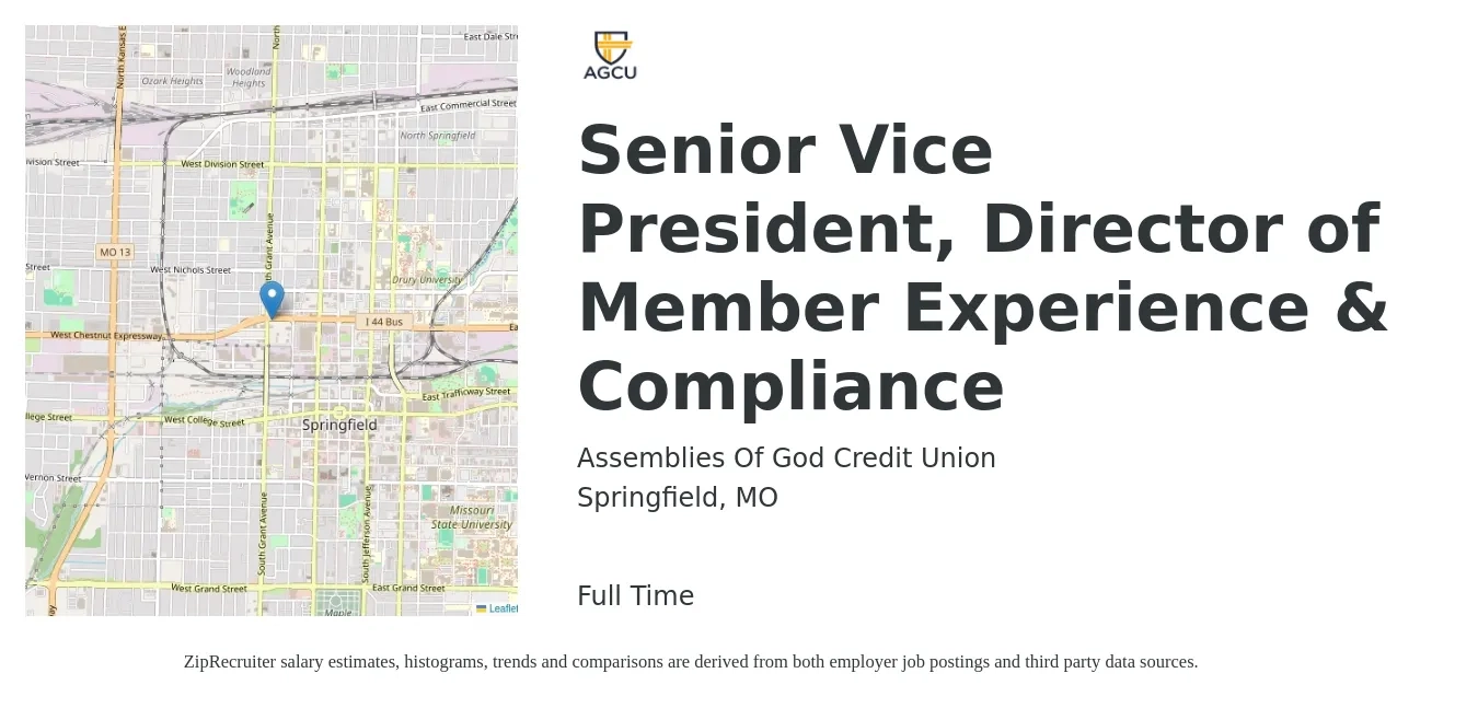 Assemblies Of God Credit Union job posting for a Senior Vice President, Director of Member Experience & Compliance in Springfield, MO with a salary of $115,600 to $155,100 Yearly with a map of Springfield location.