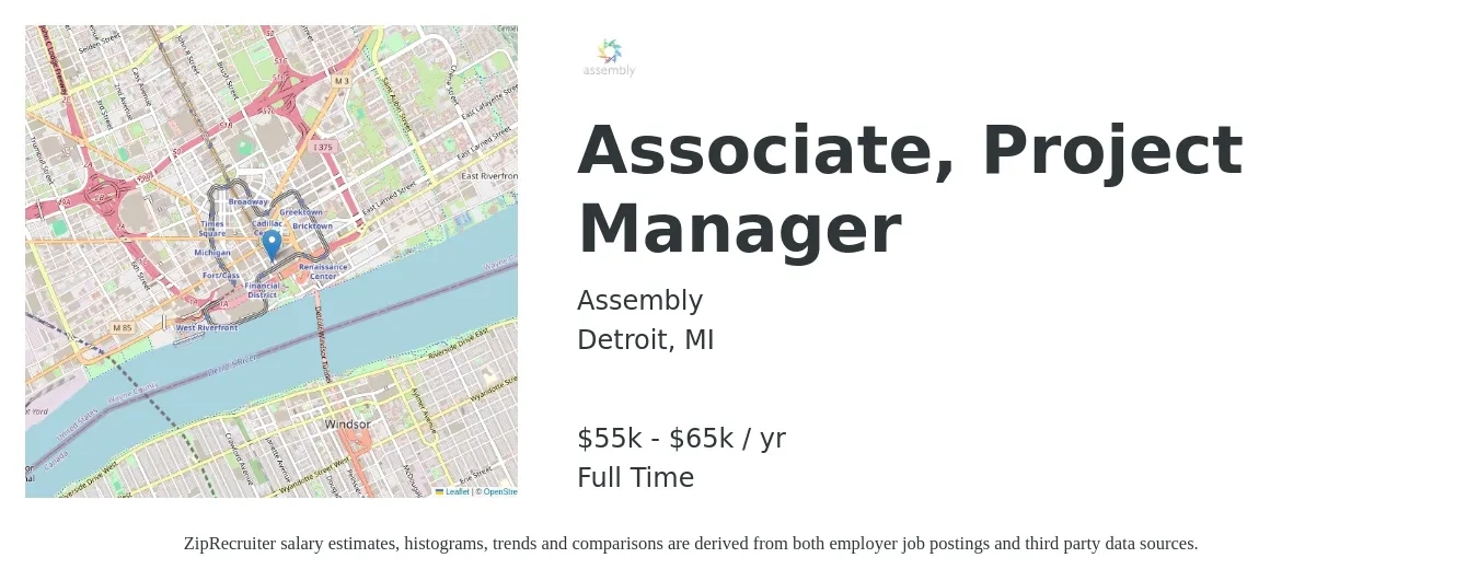 Assembly job posting for a Associate, Project Manager in Detroit, MI with a salary of $55,000 to $65,000 Yearly with a map of Detroit location.