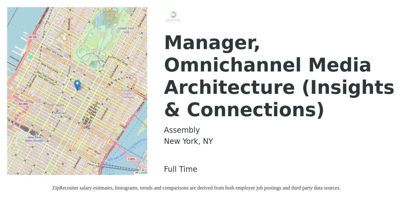 Assembly job posting for a Manager, Omnichannel Media Architecture (Insights & Connections) in New York, NY with a salary of $96,400 to $158,300 Yearly with a map of New York location.