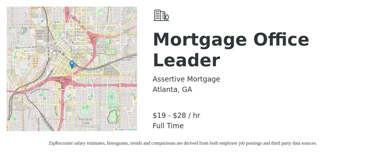 Assertive Mortgage job posting for a Mortgage Office Leader in Atlanta, GA with a salary of $20 to $30 Hourly with a map of Atlanta location.