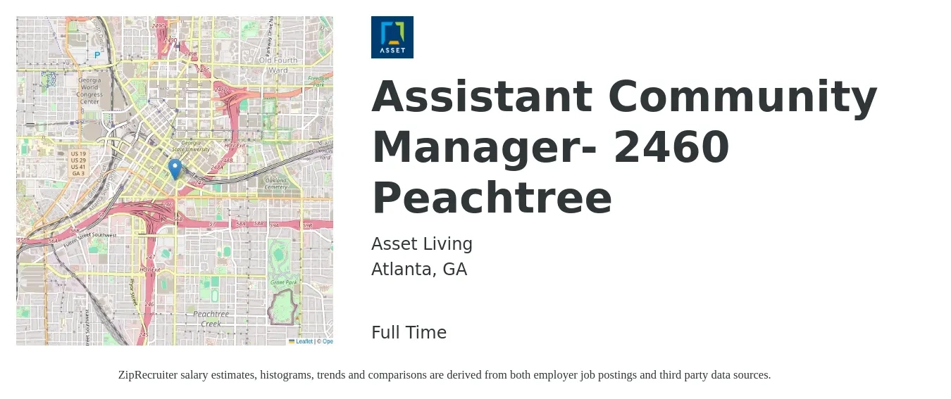 Asset Living job posting for a Assistant Community Manager- 2460 Peachtree in Atlanta, GA with a salary of $18 to $22 Hourly with a map of Atlanta location.