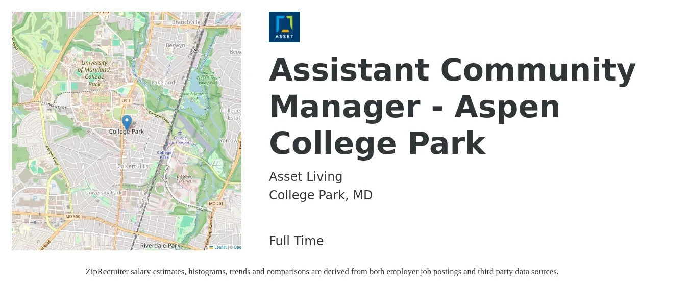Asset Living job posting for a Assistant Community Manager - Aspen College Park in College Park, MD with a salary of $19 to $23 Hourly with a map of College Park location.