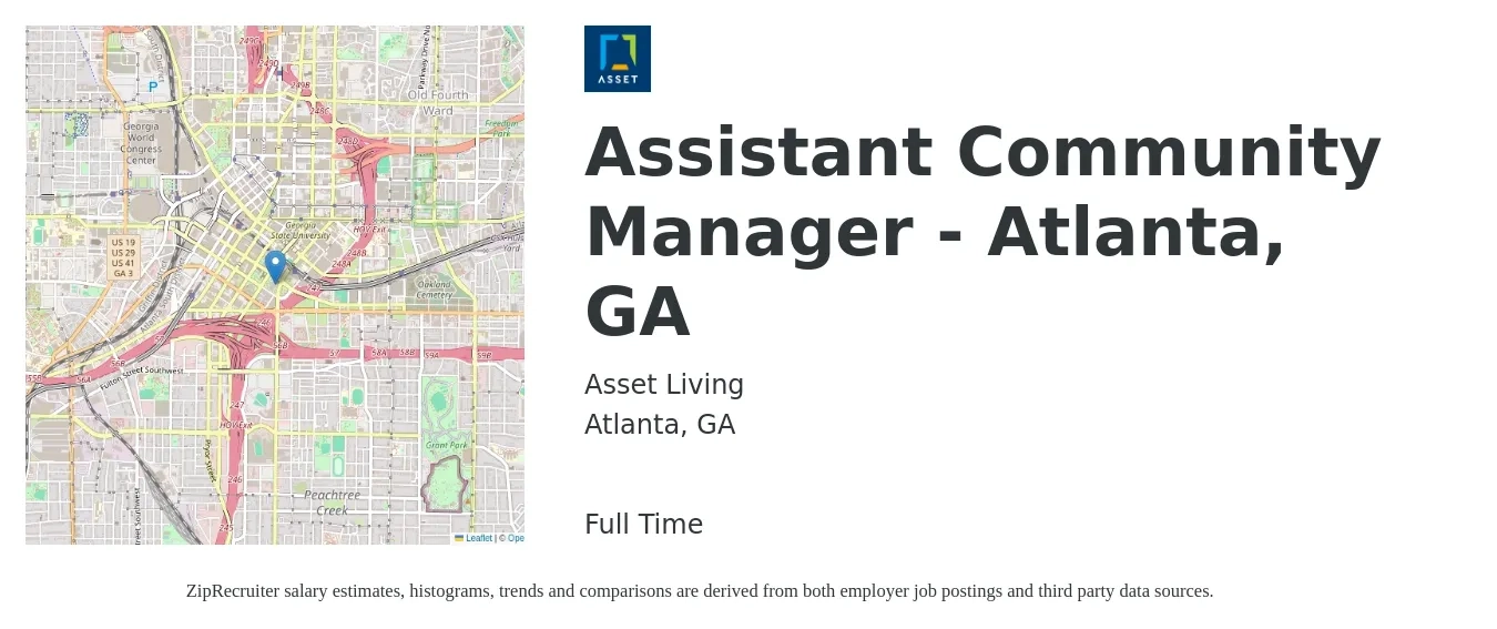 Asset Living job posting for a Assistant Community Manager - Atlanta, GA in Atlanta, GA with a salary of $18 to $22 Hourly with a map of Atlanta location.