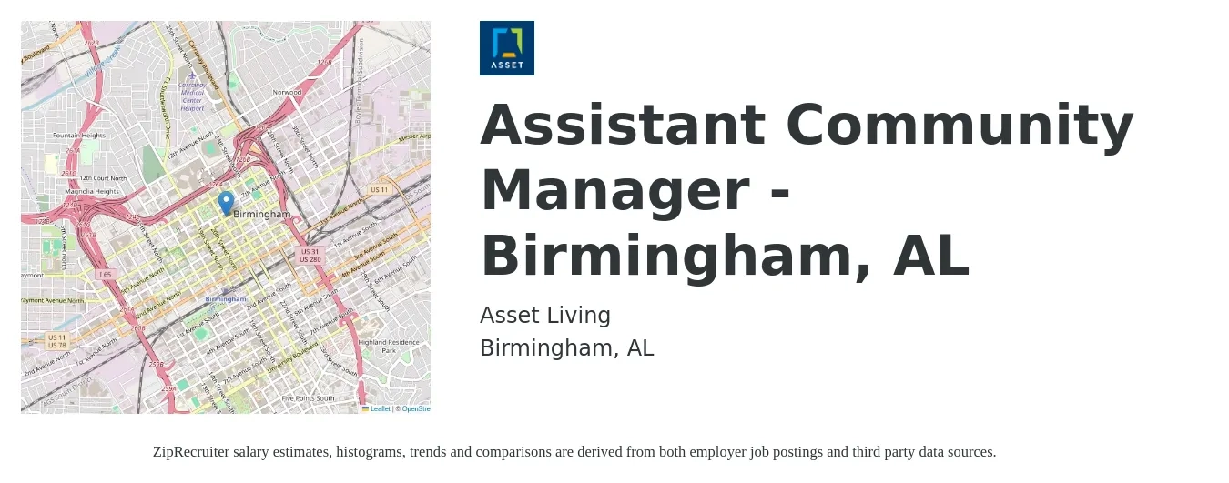 Asset Living job posting for a Assistant Community Manager - Birmingham, AL in Birmingham, AL with a salary of $18 to $22 Hourly with a map of Birmingham location.