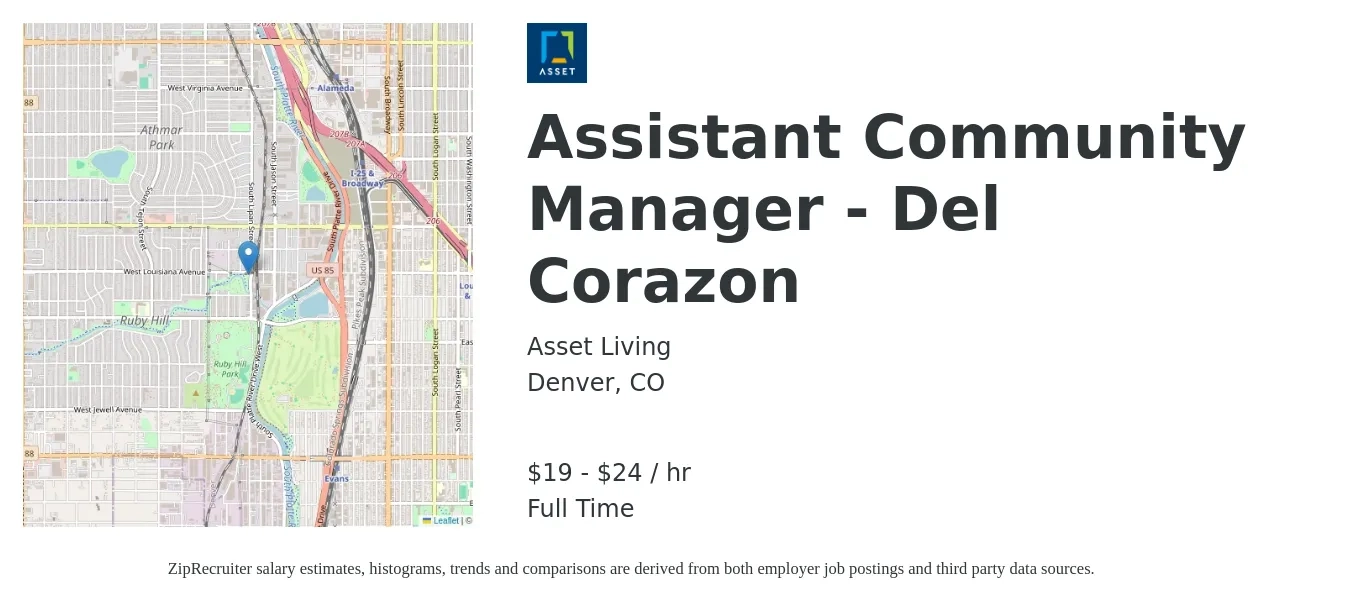 Asset Living job posting for a Assistant Community Manager - Del Corazon in Denver, CO with a salary of $20 to $25 Hourly with a map of Denver location.