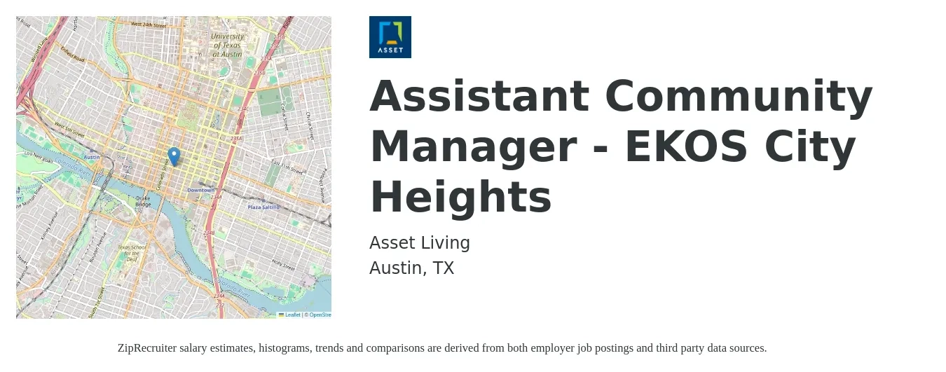 Asset Living job posting for a Assistant Community Manager - EKOS City Heights in Austin, TX with a salary of $19 to $23 Hourly with a map of Austin location.