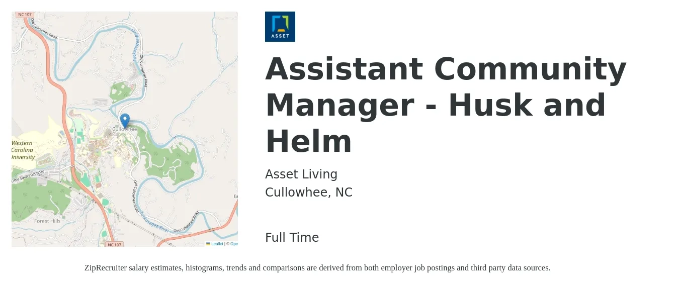 Asset Living job posting for a Assistant Community Manager - Husk and Helm in Cullowhee, NC with a salary of $16 to $19 Hourly with a map of Cullowhee location.