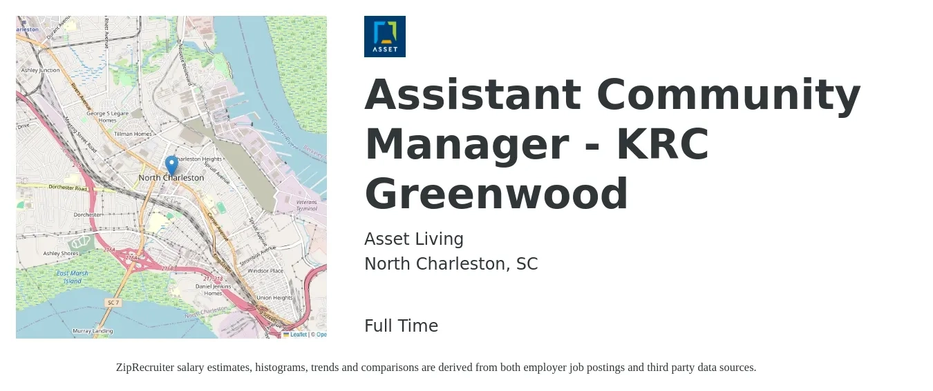 Asset Living job posting for a Assistant Community Manager - KRC Greenwood in North Charleston, SC with a salary of $18 to $22 Hourly with a map of North Charleston location.