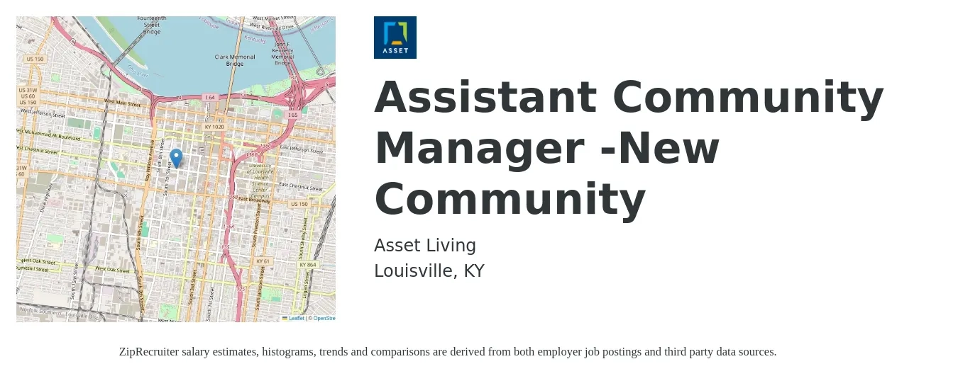 Asset Living job posting for a Assistant Community Manager -New Community in Louisville, KY with a salary of $18 to $22 Hourly with a map of Louisville location.