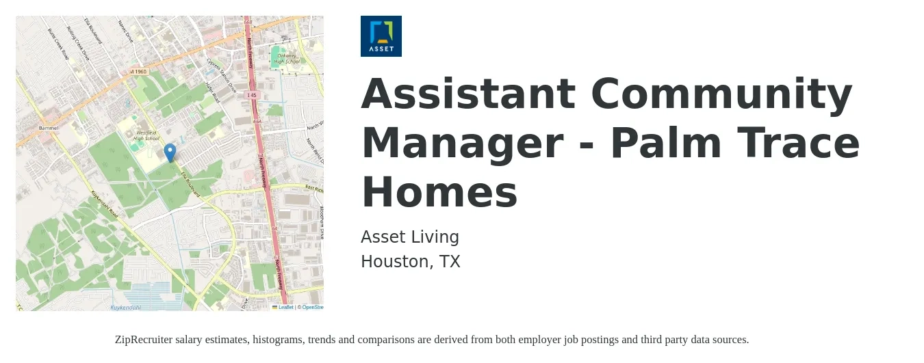 Asset Living job posting for a Assistant Community Manager - Palm Trace Homes in Houston, TX with a salary of $18 to $22 Hourly with a map of Houston location.