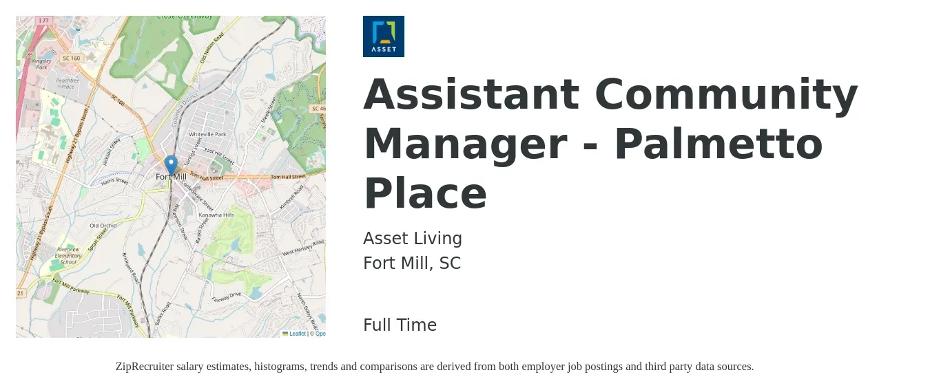 Asset Living job posting for a Assistant Community Manager - Palmetto Place in Fort Mill, SC with a salary of $17 to $20 Hourly with a map of Fort Mill location.