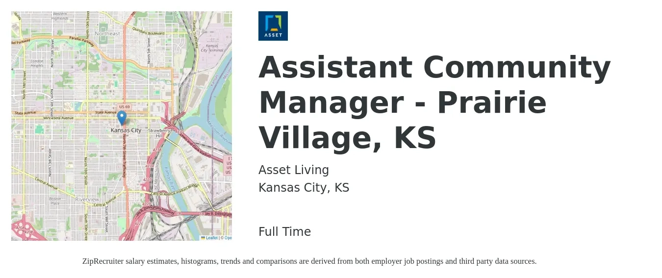 Asset Living job posting for a Assistant Community Manager - Prairie Village, KS in Kansas City, KS with a salary of $18 to $22 Hourly with a map of Kansas City location.