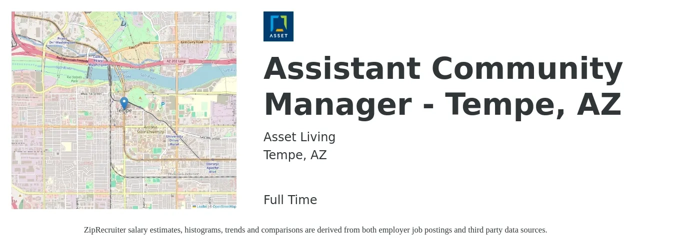 Asset Living job posting for a Assistant Community Manager - Tempe, AZ in Tempe, AZ with a salary of $18 to $22 Hourly with a map of Tempe location.