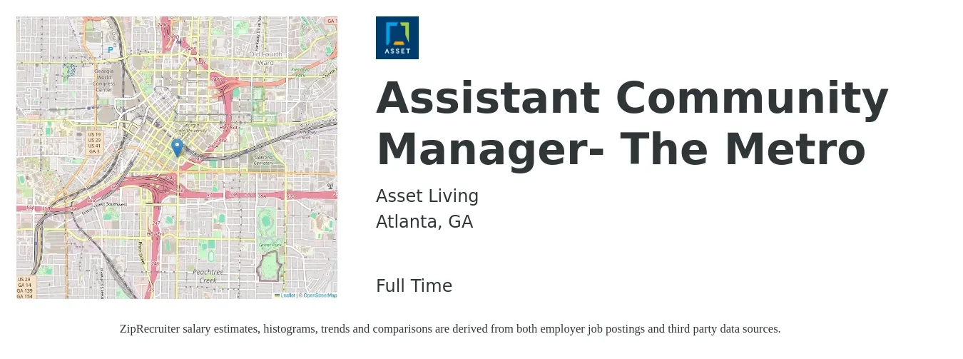 Asset Living job posting for a Assistant Community Manager- The Metro in Atlanta, GA with a salary of $18 to $22 Hourly with a map of Atlanta location.