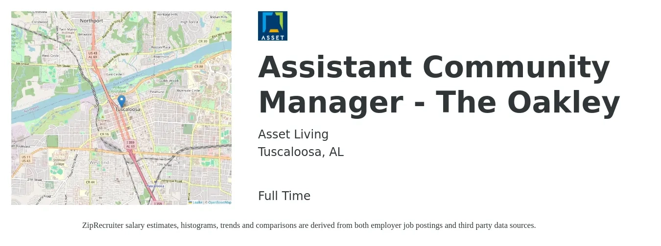 Asset Living job posting for a Assistant Community Manager - The Oakley in Tuscaloosa, AL with a salary of $18 to $21 Hourly with a map of Tuscaloosa location.