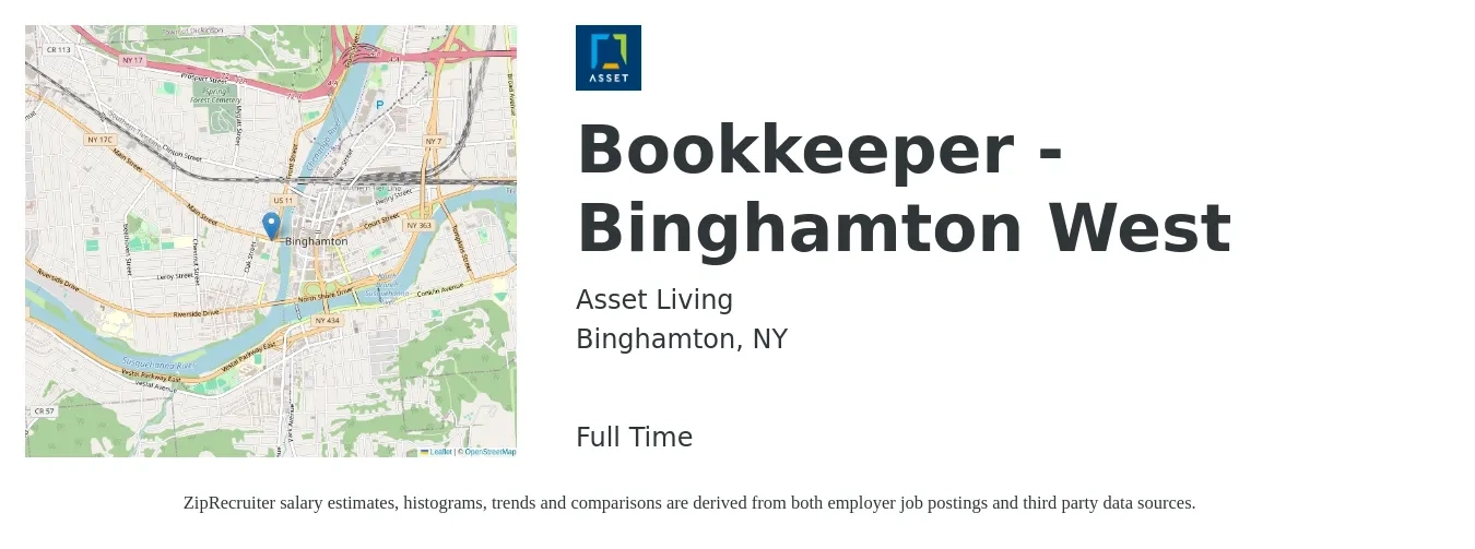 Asset Living job posting for a Bookkeeper - Binghamton West in Binghamton, NY with a salary of $20 to $28 Hourly with a map of Binghamton location.